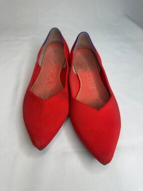 Rothy's Red Pointed Knit Slip-On Flats with Subtle Blue Trim